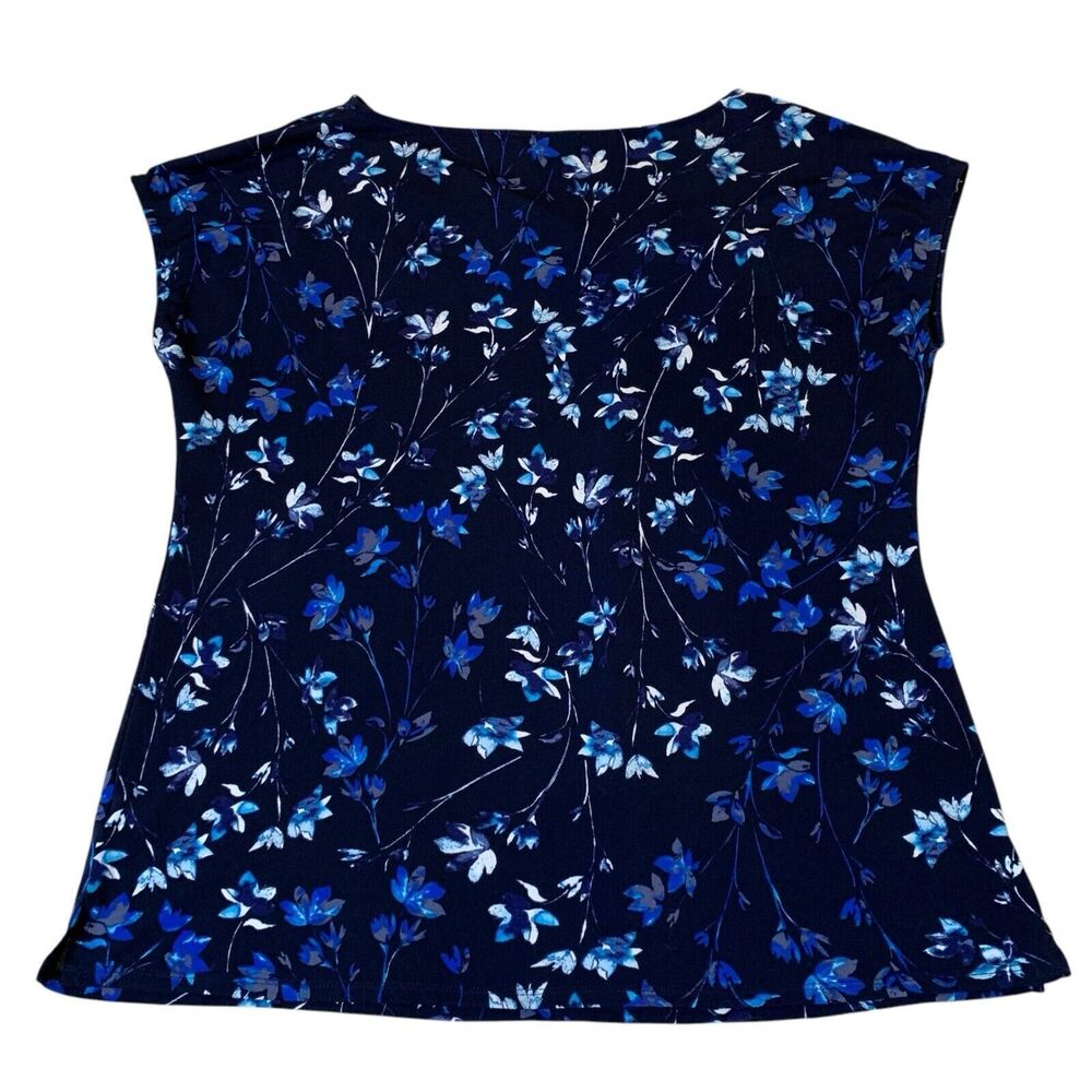 Roz & Ali Women’s Blue Floral Cap-Sleeve Blouse Twist Asymmetrical Neck L EUC - Picture 2 of 4